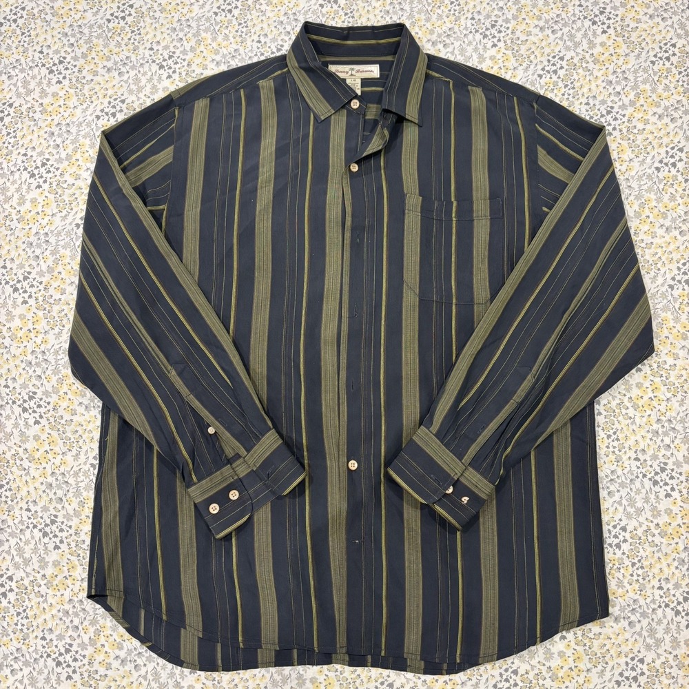 Tommy Bahama Men's L 100% Silk Long Sleeve Button Up Shirt Green Striped Pattern